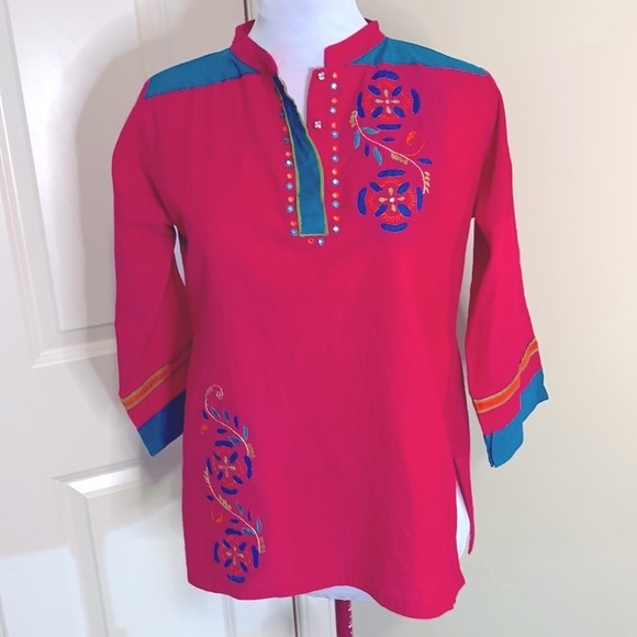 Maan Tops - MAAN Cotton Tunic Embroidered fuchsia pink size small bought  in India